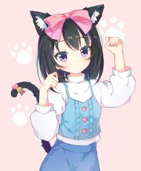Rule 34 | 1girl, :c, absurdres, animal ears, arm up, bad id, bad pixiv id, bell, black hair, blue skirt, blush, bow, camisole, cat ears, cat tail, center frills, clenched hands, cowboy shot, frills, hair bow, hand up, heart, heart print, highres, kikistark, long hair, looking at viewer, original, paw pose, paw print, pink background, pink bow, purple eyes, shirt, skirt, solo, standing, tail, tail bell, tail bow, tail ornament, white shirt