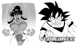 Rule 34 | 1boy, 1girl, blunt bangs, bracelet, breasts, chi-chi (dragon ball), clenched hand, comic, covered erect nipples, dougi, dragon ball, dragonball z, earrings, english text, evil smile, fangs, fingernails, funsexydb, furrowed brow, greyscale, grin, hair bun, highres, jewelry, large breasts, monochrome, muscular, muscular male, neckerchief, open mouth, pelvic curtain, sharp fingernails, sidelocks, single hair bun, smile, son goku, sweat