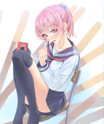 Rule 34 | 1girl, black thighhighs, blush, chair, convenient leg, food, long hair, looking at viewer, no shoes, original, parted lips, pink eyes, pink hair, pocky, pocky day, ponytail, school uniform, serafuku, sitting, solo, thighhighs, upskirt, yahako