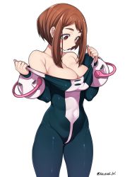Rule 34 | 1girl, bare shoulders, bodysuit, boku no hero academia, breasts, brown eyes, brown hair, cleavage, collarbone, commentary request, covered navel, highres, large breasts, looking down, short hair, simple background, skin tight, solo, standing, takatsuki ichi, thighs, twitter username, undressing, uraraka ochako, white background