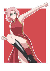 Rule 34 | 1girl, bare arms, black footwear, boots, china dress, chinese clothes, clenched hand, closed mouth, cosplay, dress, flower, frown, gangbi2, gintama, green eyes, hair flower, hair intakes, hair ornament, haruno sakura, highres, kagura (gintama), kagura (gintama) (cosplay), knee boots, medium hair, naruto (series), naruto shippuuden, outstretched arm, pink flower, pink hair, red dress, sleeveless, sleeveless dress, solo, standing, standing on one leg
