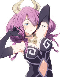 Rule 34 | 1girl, armpits, aura (sousou no frieren), black gloves, blue eyes, braid, breasts, cleavage, clothing cutout, commentary request, demon girl, demon horns, eitopondo, elbow gloves, gloves, gold necklace, hair over one eye, horns, hot, jewelry, large breasts, long hair, looking to the side, low-braided long hair, low-tied long hair, multiple braids, navel cutout, necklace, open mouth, purple hair, solo, sousou no frieren, upper body, white background