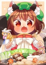 Rule 34 | + +, 3girls, :3, :o, animal ear fluff, animal ears, blonde hair, blue eyes, brown hair, cabbage, carrot, cat ears, cat tail, chen, chibi, commentary request, dress, earrings, fangs, food, fox tail, hat, hat ribbon, hat with ears, heart, high collar, highres, ibaraki natou, jewelry, long hair, long sleeves, looking at viewer, mini person, minigirl, mob cap, mochen, mochi, multiple girls, multiple tails, mushroom, neck ribbon, ofuda, open mouth, pink background, purple eyes, red eyes, red vest, ribbon, shirt, short hair, simple background, single earring, sukiyaki, swept bangs, tabard, tail, tofu, touhou, upper body, vest, white dress, white neckwear, white shirt, yakumo ran, yakumo yukari