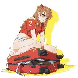 Rule 34 | 1girl, :/, arm support, ass, bare legs, bare shoulders, barefoot, blue eyes, blush, bra, breasts, brown hair, felix thirasat, highres, kneeling, long hair, medium breasts, navel, neon genesis evangelion, panties, red shirt, shirt, solo, souryuu asuka langley, standing, striped clothes, striped panties, thick thighs, thighs, toes, underwear, underwear only, undressing, very long hair, white background, white panties, wide hips