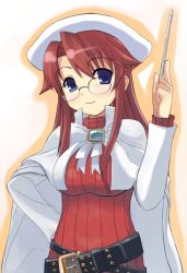 Rule 34 | 1girl, aty, aty (summon night), belt, belt skirt, beret, blue eyes, breasts, brooch, cape, gem, glasses, hat, jewelry, large breasts, otoutogimi, red hair, ribbed sweater, solo, summon night, summon night 3, sweater