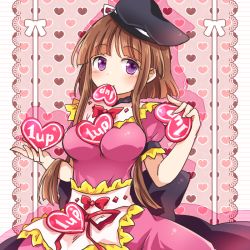 Rule 34 | 1girl, 1up, apron, between breasts, breasts, brown hair, commentary, dress, hat, heart, heart background, holding, looking at viewer, mouth hold, nishida satono, pink dress, pote (ptkan), power-up, puffy short sleeves, puffy sleeves, purple eyes, short hair with long locks, short sleeves, smile, solo, tate eboshi, touhou, waist apron