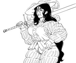 Rule 34 | 1girl, bb (baalbuddy), closed mouth, codpiece, commentary, cowboy shot, curvy, english commentary, fingernails, greyscale, hat, hat feather, highres, holding, holding sword, holding weapon, landsknecht, long hair, long sleeves, looking at viewer, mole, mole under eye, monochrome, one eye closed, original, over shoulder, renaissance, simple background, smile, solo, sword, very long hair, weapon, weapon over shoulder, white background, zweihander