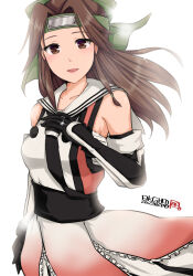 Rule 34 | 1girl, black gloves, buttons, cowboy shot, double-breasted, elbow gloves, forehead protector, gloves, green headband, hachimaki, hair bun, hair intakes, half updo, hamu agaki, hand on own chest, headband, highres, jewelry, jintsuu (kancolle), jintsuu kai ni (kancolle), kantai collection, ring, sailor collar, simple background, solo, wedding ring, white background, white sailor collar