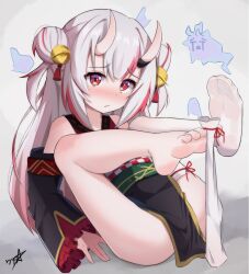 Rule 34 | 1girl, absurdres, bare shoulders, barefoot, bell, blush, boppin, closed mouth, detached sleeves, double bun, feet, frilled sleeves, frills, full body, grey hair, hair bell, hair bun, hair ornament, highres, hololive, horns, japanese clothes, jingle bell, kimono, legs up, long hair, long sleeves, looking at viewer, meme, multicolored hair, nakiri ayame, nose blush, paid reward available, pelvic curtain, reclining, red eyes, red hair, signature, single barefoot, single thighhigh, skin-covered horns, sleeveless, sleeveless kimono, soles, solo, streaked hair, thighhighs, toes, two-tone hair, unworn thighhighs, uohhhhhhhhh! (meme), virtual youtuber, white thighhighs