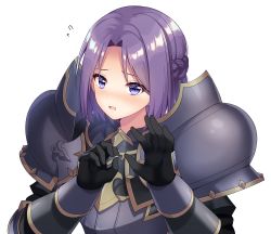 Rule 34 | 1girl, absurdres, armor, bad id, bad pixiv id, black gloves, blue eyes, blush, braid, breastplate, eyebrows hidden by hair, flying sweatdrops, gloves, hands up, highres, ichiren namiro, jun (princess connect!), knight, looking at viewer, nose blush, open mouth, parted bangs, pauldrons, princess connect!, purple eyes, purple hair, short hair, shoulder armor, simple background, solo, upper body, vambraces, white background
