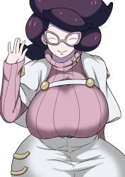 Rule 34 | 1girl, absurdres, arm behind back, big hair, breasts, buttons, capelet, coat, creatures (company), game freak, glasses, hand up, highres, large breasts, long sleeves, mature female, nintendo, oekakukomi, one eye closed, pink-framed eyewear, pink sweater, pokemon, pokemon sm, purple hair, ribbed sweater, skirt, solo, sweater, turtleneck, turtleneck sweater, waving, white capelet, white coat, white skirt, wicke (pokemon), wide hips