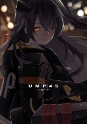 Rule 34 | 1girl, black hair, blurry, blurry background, bokeh, brown eyes, commentary, depth of field, girls&#039; frontline, gun, h&amp;k ump, highres, hood, hooded jacket, jacket, joints, long hair, looking at viewer, looking to the side, mechanical arms, mod3 (girls&#039; frontline), one eye closed, one side up, scar, scar across eye, scar on face, single mechanical arm, solo, submachine gun, takeka fungi, ump45 (girls&#039; frontline), ump45 (mod3) (girls&#039; frontline), upper body, weapon