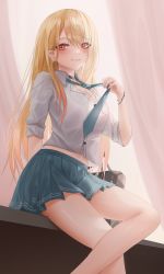 Rule 34 | 1girl, absurdres, bag, black choker, blonde hair, blush, breasts, choker, cleavage, collared shirt, green necktie, green skirt, highres, kitagawa marin, large breasts, long hair, looking at viewer, miniskirt, necktie, parted lips, pleated skirt, red eyes, school uniform, shirt, shoulder bag, skirt, smile, solo, sono bisque doll wa koi wo suru, thighs, turbulence, white shirt