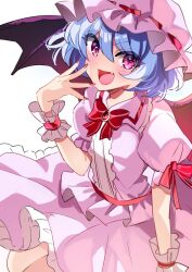 Rule 34 | 1girl, bat wings, blue hair, fang, hat, highres, katayama kei, looking at viewer, mob cap, pink hat, pink shirt, pink skirt, puffy short sleeves, puffy sleeves, red eyes, red nails, remilia scarlet, shirt, short hair, short sleeves, simple background, skirt, smile, solo, touhou, white background, wings
