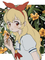 Rule 34 | 1girl, aikatsu!, aikatsu! (series), all day long, blonde hair, blush, border, bow, closed mouth, collared shirt, commentary request, eating, food, from side, fruit, hair bow, hairband, holding, holding food, holding fruit, hoshimiya ichigo, letterboxed, long hair, looking at viewer, looking to the side, loquat, outside border, plant, red bow, red eyes, red hairband, red neckwear, sailor collar, school uniform, serafuku, shirt, sideways glance, solo, starlight academy school uniform, summer uniform, upper body, white border, white sailor collar, white shirt