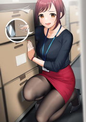 Rule 34 | 1girl, black footwear, black pantyhose, black shirt, blush, box, breasts, brown eyes, brown hair, cardboard box, cellphone, checkered floor, commentary request, doushimasho, high heels, highres, indoors, long sleeves, looking at viewer, medium breasts, mole, mole under mouth, nail polish, office lady, on one knee, open mouth, original, pantyhose, pencil skirt, phone, reaching, red nails, red skirt, ribbed shirt, shirt, shoes, skirt, solo, sweat, trembling