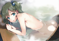 Rule 34 | 1girl, absurdres, arm support, ass, back, bath, bathing, bucket, completely nude, fingernails, flat chest, green eyes, green hair, hair bobbles, hair ornament, highres, in bucket, in container, ke-ta, kisume, looking at viewer, nipples, non-web source, nude, onsen, open mouth, partially submerged, ripples, scan, seiza, short hair, sitting, solo, steam, touhou, two side up, water, wet