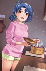 Rule 34 | 1girl, :d, antenna hair, aqua scrunchie, blue hair, breasts, brown eyes, cutting board, green shorts, hair ornament, hair scrunchie, hanamasa ono, highres, idolmaster, idolmaster million live!, idolmaster million live! theater days, indoors, kitchen, lid, light blush, light particles, long sleeves, looking at viewer, low twintails, medium breasts, mittens, open mouth, parted bangs, pink sweater, pot, scrunchie, short hair, short shorts, shorts, smile, solo, spoon, steam, stirring, sweater, table, toyokawa fuka, twintails, wooden table