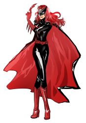Rule 34 | 1girl, batman (series), batwoman, bodysuit, boots, cape, dc comics, female focus, full body, gloves, highres, kate kane, latex, lipstick, long hair, makeup, mask, petri, red hair, simple background, solo, standing, white background