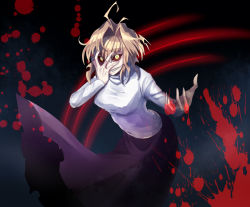 Rule 34 | 00s, 1girl, arcueid brunestud, bad id, bad pixiv id, blonde hair, blood, breasts, colored sclera, covering face, crazy eyes, dark persona, dress, hair intakes, large breasts, long dress, melty blood, messy hair, red sclera, sharp teeth, short hair, slit pupils, solo, sweater, teeth, tsukihime, turtleneck, red arcueid, yellow eyes, yusano