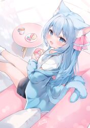 Rule 34 | 1girl, :d, absurdres, animal ear fluff, animal ears, black shorts, blue eyes, blue hair, blue jacket, blush, cat ears, cat girl, cat tail, commentary request, commission, couch, doughnut, fang, feet out of frame, food, hair ribbon, highres, holding, holding food, jacket, long hair, long sleeves, looking at viewer, looking to the side, multiple tails, off shoulder, on couch, open clothes, open jacket, open mouth, original, pillow, pink ribbon, plate, puffy long sleeves, puffy sleeves, ribbon, rucaco, shirt, short sleeves, shorts, skeb commission, sleeves past wrists, smile, socks, solo, table, tail, two tails, very long hair, white shirt, white socks