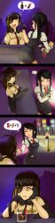 Rule 34 | ..., 2girls, 4koma, ?, alcohol, black gloves, blue eyes, blunt bangs, cigarette, cocktail, comic, commentary, constricted pupils, crossover, english commentary, eyepatch, gameplay mechanics, girls&#039; frontline, gloves, headphones, headphones around neck, highres, jack daniel&#039;s, jill stingray, long image, m16a1 (girls&#039; frontline), multiple girls, one-eyed, pencil skirt, purple eyes, silent comic, skirt, smoking, swept bangs, tall image, toorops, twintails, va-11 hall-a, vest, whiskey