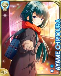 Rule 34 | 1girl, aqua hair, ass, bag, blunt bangs, card (medium), character name, chiyoura ayame, closed mouth, coat, enpera, girlfriend (kari), hair ornament, hallway, indoors, long hair, looking at viewer, official art, outstretched hand, pants, purple eyes, qp:flapper, red scarf, scarf, school, school bag, shirt, smile, standing, sunset, tagme, white shirt, winter clothes, x hair ornament
