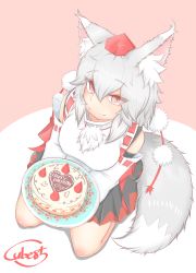 Rule 34 | 1girl, absurdres, animal ears, birthday cake, cake, cube85, fang, food, fruit, happy birthday, hat, heart, highres, inubashiri momiji, kneeling, plate, red eyes, signature, smile, solo, strawberry, tail, tokin hat, touhou, white hair, wolf ears, wolf tail
