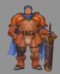 Rule 34 | 1boy, abs, armor, bara, bare pectorals, black thighhighs, blue hair, bulge, chest belt, covered penis, dark-skinned male, dark skin, full body, gamma dh, highres, large pectorals, looking at viewer, male focus, mature male, muscular, muscular male, nipples, original, pauldrons, pectorals, planted, planted sword, planted weapon, revealing clothes, sanpaku, short hair, shoulder armor, single thighhigh, solo, strongman waist, sword, thick eyebrows, thick thighs, thighhighs, thighs, tsurime, weapon