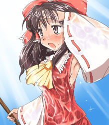 Rule 34 | 1girl, armpits, ascot, blue background, blush, bow, brown eyes, brown hair, commentary request, detached sleeves, flx, hair bow, hakurei reimu, hand in own hair, long hair, open mouth, sweat, touhou, very sweaty