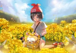 Rule 34 | 1girl, beanie, black hair, blue sky, blush, cloud, cloudy sky, creatures (company), day, ekm, floral background, floral print, game freak, gen 7 pokemon, green shorts, grey eyes, hat, jewelry, necklace, nintendo, open mouth, petals, pokemon, pokemon (creature), pokemon sm, red hat, rowlet, seiza, selene (pokemon), shorts, sitting, sky, smile
