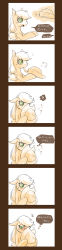 Rule 34 | ?, applejack, blonde hair, blush, comic, cowboy hat, english text, freckles, green eyes, hat, highres, long image, monochrome, murai shinobu, my little pony, my little pony: friendship is magic, no humans, pony (animal), speech bubble, spoken question mark, sweat, tall image, text focus, thought bubble, translated