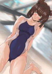 Rule 34 | 1girl, absurdres, arm support, blush, breasts, brown hair, competition swimsuit, dutch angle, green eyes, groin, hatsuzuki (kancolle), highres, kantai collection, kimuwaipu, medium breasts, one-piece swimsuit, rei no pool, sitting, solo, swimsuit, thighs, wet, yokozuwari