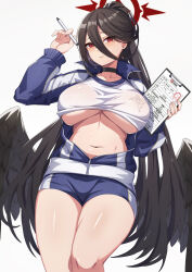 Rule 34 | black hair, black wings, blue archive, blue pants, breasts, choker, collarbone, doodle sensei (blue archive), gym shirt, gym uniform, hair between eyes, halo, hasumi (blue archive), hasumi (track) (blue archive), holding, holding notebook, holding pen, huge breasts, jacket, long hair, looking at viewer, mole, mole under eye, navel, notebook, open clothes, open jacket, pants, parted lips, pen, ponytail, red eyes, red halo, sensei (blue archive), shirt, simple background, underboob, very long hair, vococo, white background, white shirt, wings