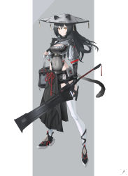 Rule 34 | 1girl, absurdres, animal ears, bag, belt, belt pouch, black hair, breasts, cat ears, cat tail, covered navel, full body, gloves, hat, highleg, highleg leotard, highres, holding, holding sword, holding weapon, jingasa, large breasts, leotard, long hair, looking at viewer, original, pouch, red eyes, samurai, shoulder bag, shrug (clothing), single glove, solo, standing, sword, tail, thighhighs, weapon, yitiaoyuwe