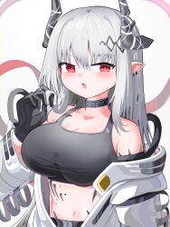 Rule 34 | 1girl, absurdres, arknights, bare shoulders, black gloves, blush, breasts, collarbone, ear piercing, gloves, grey background, grey hair, hair between eyes, hand up, highres, horns, jumpsuit, large breasts, long hair, looking at viewer, material growth, mudrock (arknights), navel, off shoulder, oripathy lesion (arknights), parted lips, piercing, playing with own hair, pointy ears, red eyes, solo, spam (spamham4506), upper body, very long hair, white jumpsuit