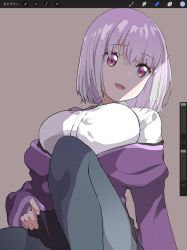 Rule 34 | 1girl, blush, bow, breasts, collared shirt, grey background, grey legwear, gridman universe, highres, jacket, knee up, large breasts, light purple hair, long sleeves, looking to the side, misekai 555, off shoulder, open mouth, purple bow, purple jacket, purple neckwear, purple skirt, shinjou akane, shirt, short hair, simple background, sitting, skirt, smile, solo, ssss.gridman, thighs, white shirt