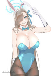 Rule 34 | 1girl, :d, animal ears, asuna (blue archive), asuna (bunny) (blue archive), black pantyhose, blonde hair, blue archive, blue bow, blue bowtie, blue eyes, bow, bowtie, breasts, brown hair, character name, fake animal ears, gloves, grin, hair over one eye, halo, headband, highres, large breasts, leotard, long hair, mole, mole on breast, open mouth, pantyhose, playboy bunny, rabbit ears, simple background, smile, solo, strapless, strapless leotard, teeth, white background, white gloves, zunda kaku