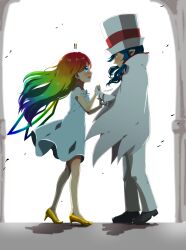 Rule 34 | 1boy, 1girl, absurdres, blue hair, count bleck, dress, drum, from side, gloves, hat, high heels, highres, humanization, instrument, long hair, mario (series), miraxth523, multicolored hair, nintendo, open mouth, paper mario, personification, rainbow hair, super paper mario, tippi (paper mario), white gloves