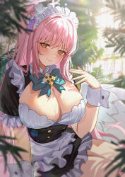 Rule 34 | 1girl, absurdres, alternate costume, apron, black dress, blue archive, blush, breasts, cleavage, closed mouth, commentary, dress, enmaided, flower, frilled apron, frills, hair flower, hair ornament, highres, large breasts, looking at viewer, maid, maid headdress, mika (blue archive), pink hair, short sleeves, sitting, smile, solo, tansuan (ensj3875), white apron, wings, wrist cuffs
