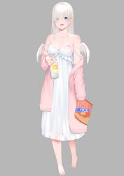 Rule 34 | 1girl, bag, bag of chips, bare shoulders, barefoot, blue eyes, blush, breasts, can, cleavage, collarbone, commentary request, dress, eyes visible through hair, feathered wings, full body, grey background, hair over one eye, hashiko nowoto, highres, holding, holding bag, holding can, jacket, long hair, long sleeves, medium breasts, mini wings, off shoulder, open clothes, open jacket, open mouth, original, pink jacket, see-through, simple background, sleeveless, sleeveless dress, solo, standing, strap slip, white dress, white hair, white wings, wings