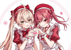 Rule 34 | 2girls, ahoge, alternate costume, blonde hair, blush, bow, bowtie, collarbone, commentary request, hair between eyes, hair bow, hat, heart, heart hands, heart hands duo, heterochromia, highres, hololive, houshou marine, indie virtual youtuber, long hair, looking at viewer, multiple girls, puffy short sleeves, puffy sleeves, red bow, red bowtie, red eyes, red hair, red headwear, rurudo lion, short hair, short sleeves, simple background, striped bow, striped clothes, takanashi kei (hitsujikan), twintails, upper body, vertical-striped clothes, virtual youtuber, white background, wrist cuffs, yellow eyes