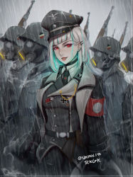 Rule 34 | 1girl, 4others, absurdres, armband, artist name, belt, black belt, black choker, blunt bangs, blush, breasts, choker, coat, collared shirt, commentary request, cowboy shot, cross, earrings, from side, gas mask, germany, grey headwear, gun, hair ornament, hairclip, hat, helmet, highres, iron cross, jacket, jewelry, liya nikorov, long sleeves, lower teeth only, mask, medium breasts, military, combat helmet, military uniform, mole, multiple others, necktie, open clothes, open coat, open mouth, original, outdoors, pants, rain, red eyes, shirt, short hair, smoke, solo focus, stahlhelm, teeth, uniform, weapon, wet, wet clothes, white shirt, world war ii