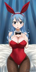 Rule 34 | 1girl, animal ears, artist name, bare shoulders, bed, black bow, blue eyes, blue hair, blush, bow, bowtie, breasts, cleavage, covered navel, fairy tail, fake animal ears, fishnets, gaston18, highres, juvia lockser, large breasts, leotard, long hair, looking at viewer, open mouth, playboy bunny, rabbit ears, sitting, solo, thick thighs, thigh gap, thighs, wide hips