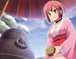 Rule 34 | 1girl, absurdres, breasts, cleavage, female focus, green eyes, highres, japanese clothes, kimono, large breasts, oil-paper umbrella, outdoors, pink hair, rio rollins, short hair, sky, smile, solo, super blackjack, umbrella