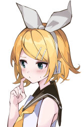 Rule 34 | 1girl, black sailor collar, blonde hair, blue eyes, blush, hair ribbon, hairpin, headphones, highres, kagamine rin, looking to the side, multiple hairpins, pout, rakugaki ningen, ribbon, sailor collar, scratching cheek, short hair, sketch, solo, sweatdrop, upper body, vocaloid, white background, white ribbon