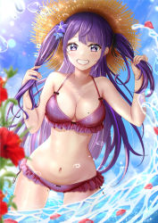 Rule 34 | 1girl, absurdres, alternate hairstyle, bare arms, bare shoulders, bikini, blue flower, blue sky, blush, breasts, commentary request, cowboy shot, day, flower, genshin impact, grin, hair flower, hair ornament, hat, highres, holding, holding own hair, large breasts, long hair, looking at viewer, mole, mole on breast, mole under eye, navel, nori chazuke, outdoors, petals, petals on liquid, purple bikini, purple eyes, purple flower, purple hair, raiden shogun, red flower, sky, smile, solo, standing, stomach, sun hat, swimsuit, two side up, very long hair, wading, water, water drop