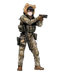 Rule 34 | 1girl, absurdres, animal ears, assault rifle, bear hat, belt pouch, black hair, boots, borrowed character, brown footwear, brown gloves, camouflage, camouflage pants, commentary, english commentary, epakim, fake animal ears, full body, glock, gloves, gun, hair between eyes, handgun, highres, holding, holding gun, holding weapon, holster, knee pads, lanyard, light blush, load bearing vest, long sleeves, magazine (weapon), medium hair, mole, mole under mouth, open mouth, original, pants, pouch, rifle, simple background, sketch, solo, standing, tactical clothes, thigh holster, trigger discipline, weapon, white background, yellow eyes