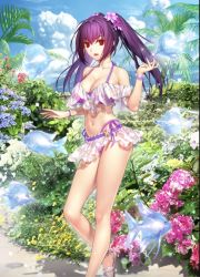 Rule 34 | 1girl, bare legs, bikini, bracelet, breasts, cloud, fate/grand order, fate (series), fish, flower, hair ornament, highres, jewelry, koyama hirokazu, large breasts, long hair, nail polish, navel, non-web source, official art, open mouth, purple hair, red eyes, scathach (fate), scathach skadi (fate), scathach skadi (swimsuit ruler) (fate), scathach skadi (swimsuit ruler) (first ascension) (fate), sky, standing, swimsuit, thighs, twintails