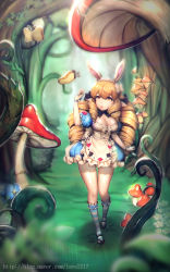 Rule 34 | 1girl, absurdres, alice (alice in wonderland), alice in wonderland, animal ears, apron, arm up, bad id, bad pixiv id, blonde hair, blue dress, bow, bowtie, bread, breasts, bug, butterfly, center frills, cleavage, curly hair, dress, drill hair, fingerless gloves, food, forest, frilled dress, frilled socks, frills, full body, gloves, highres, insect, kneehighs, long hair, maid headdress, mary janes, mini person, minigirl, mushroom, nature, open mouth, original, outdoors, oversized object, plant, pointy ears, rabbit ears, ribbon, shoes, short dress, socks, solo, striped clothes, striped socks, tree, walking, watermark, web address, y.i. (lave2217), yellow eyes